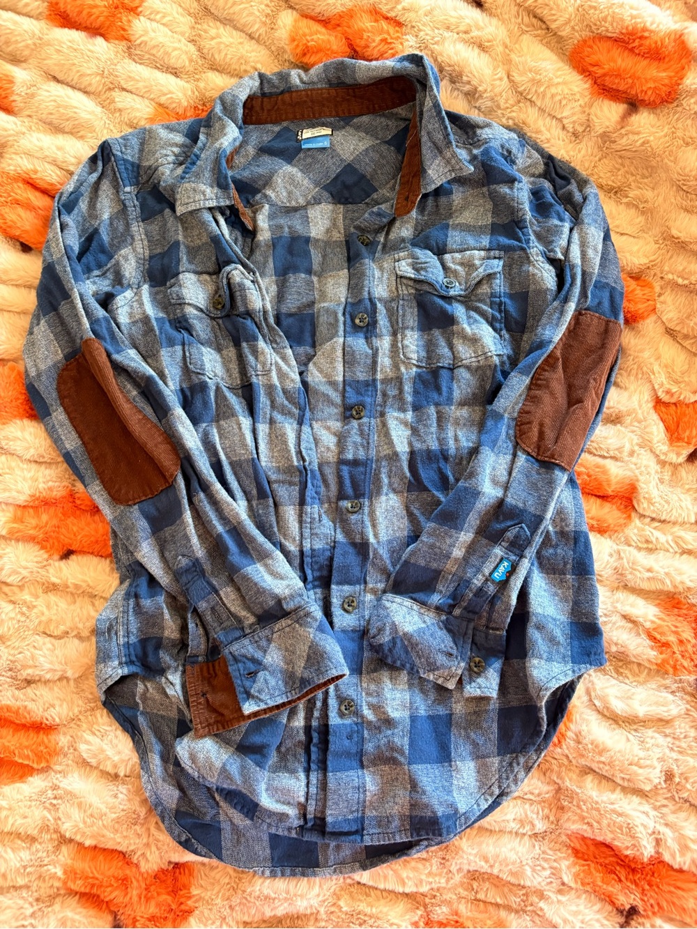 Kavu Blue Plaid Button-Down Shirt with Brown Elbow Patches
